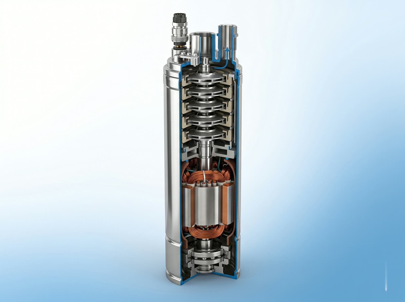WellForce submersible pump cutaway showing internal components — copper windings, shaft, impeller stages and thrust bearing